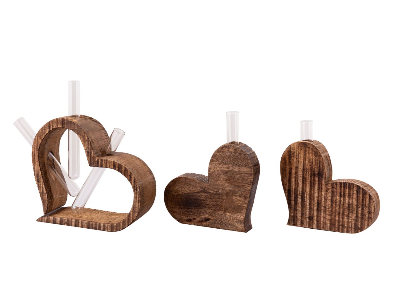 Tischdeko Herzen 3-teilig Blumenvase Hochzeitsgeschenk Hochzeitsdeko Mangoholz massiv