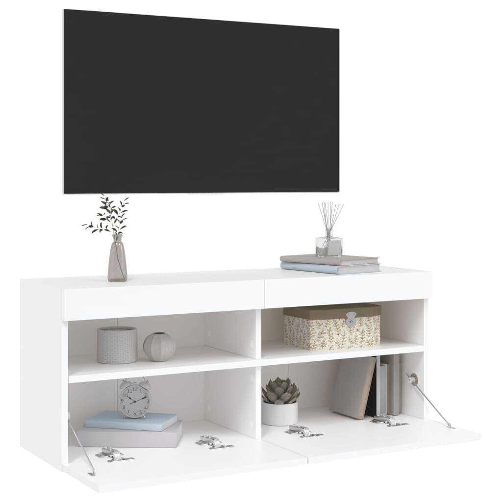 TV Wandschrank Weiß mit LED Leuchten 100x30x40 cm platzsparend und modern