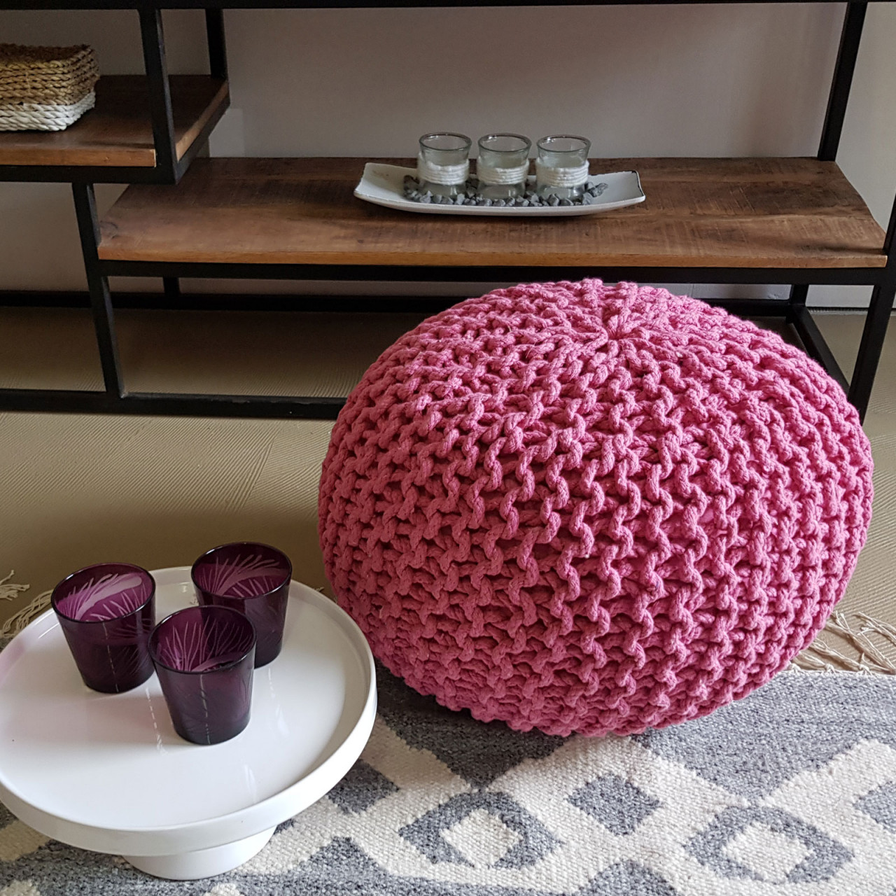 Strickhocker Pouf Ø 45 H 30 cm cm Sitzpouf Strick Bodenkissen