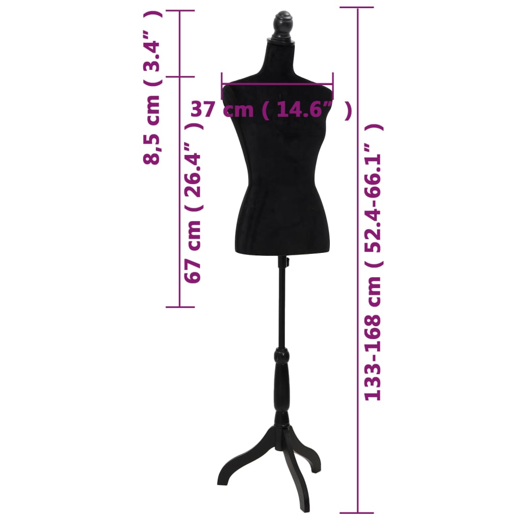 Damen Schneiderbüste Schwarz Samt höhenverstellbar 133-168 cm Schaufenster Deko Muster
