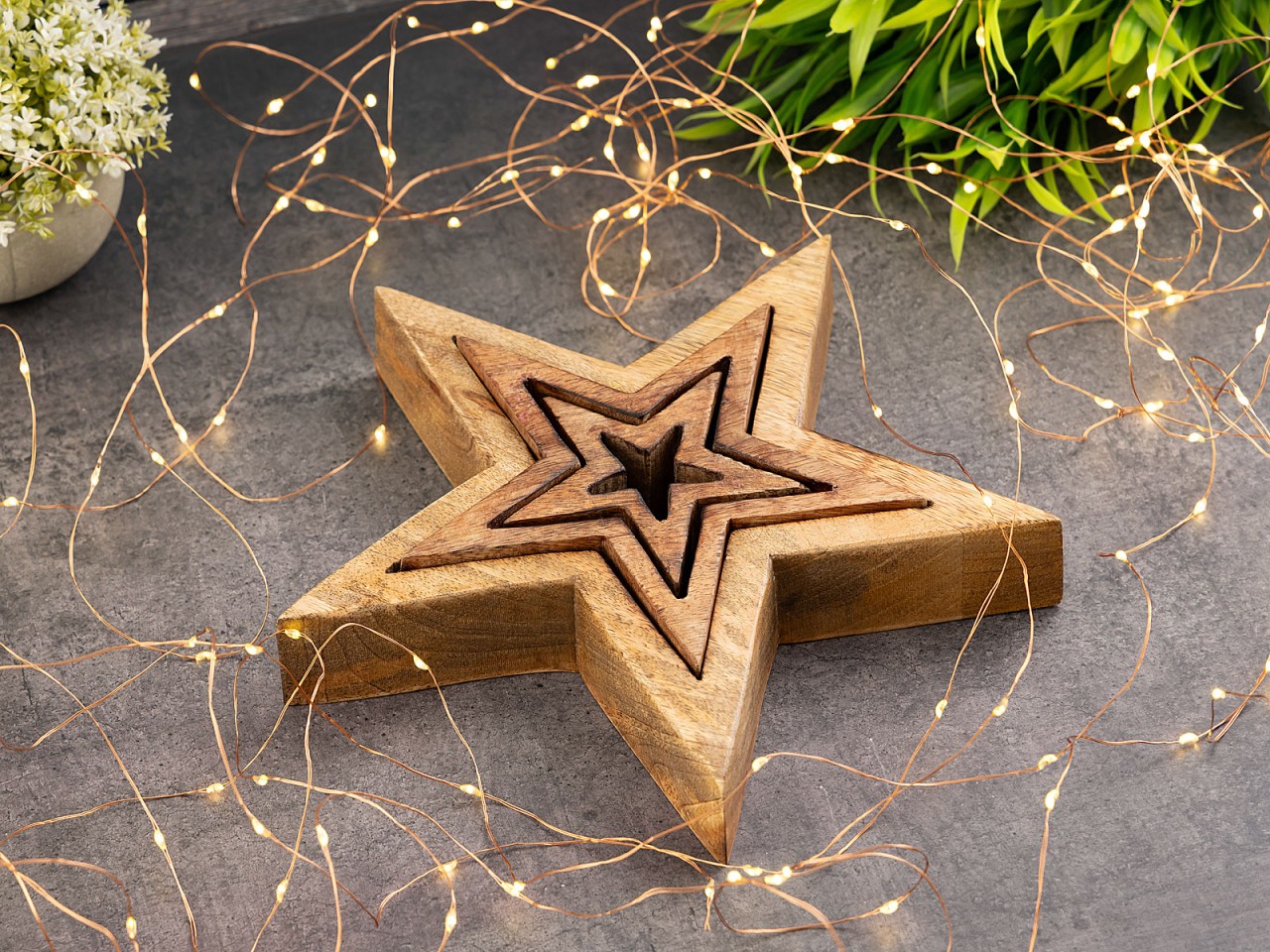 Dekofigur Sterne 12x 3er Set Holzfigur 26/17/10cm Masterbox Weihnachtsdekoration Mangoholz