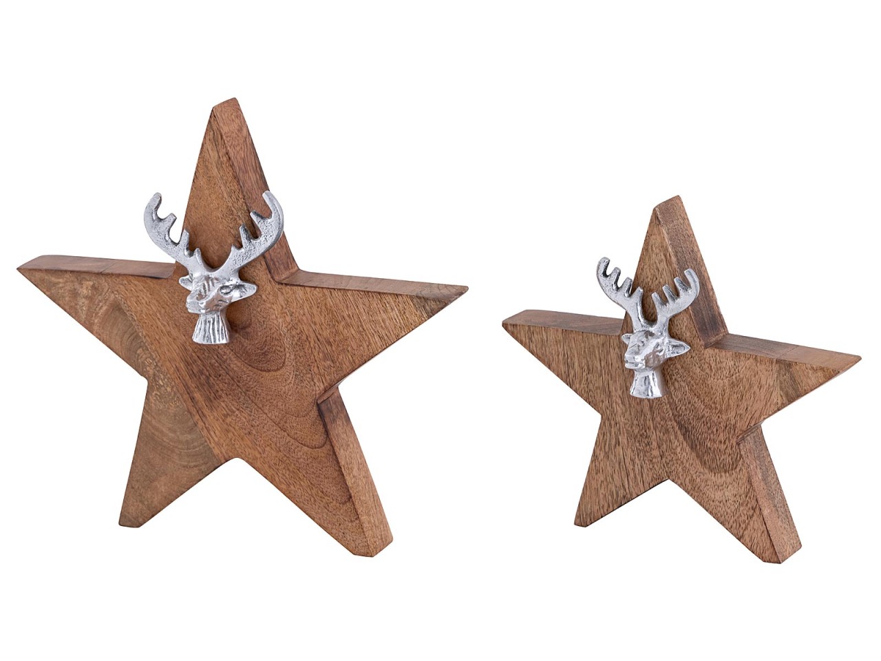 Holzfigur Stern 2er Set mit Hirschkopf Größe 25/19cm Masterbox 10-teilig Aufsteller Mangoholz