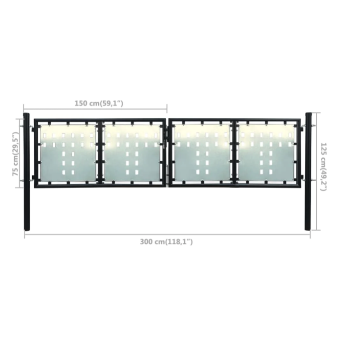 Gartentor Doppelflügel Schwarz 300x125cm Stahl pulverbeschichtet mit Schloss Griff