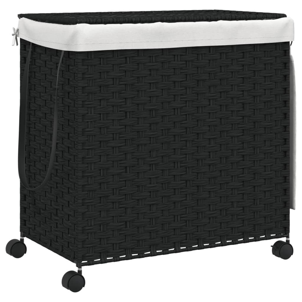 Wäschekorb mit Rollen, Rattanoptik, Schwarz, 60 x 35 x 60,5 cm, stabil