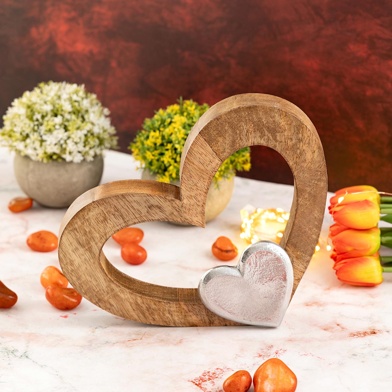 Dekofigur Herz 27x21cm Holzfigur Herzilein Mangoholz Aluminium