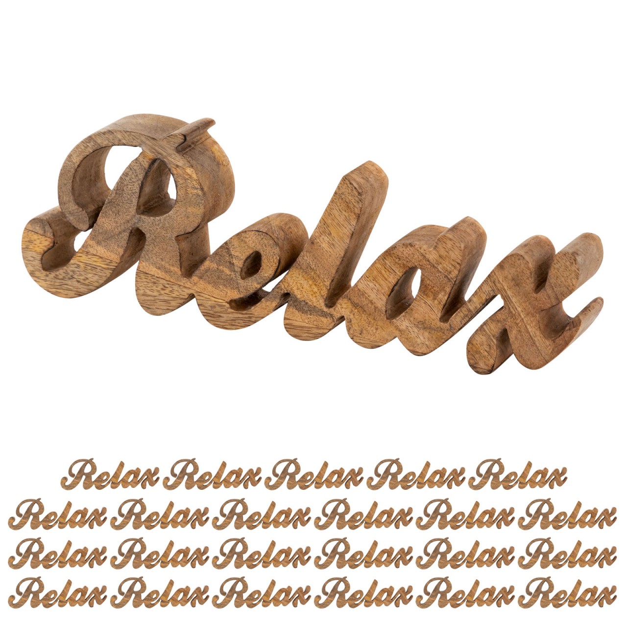 Schriftzug Relax Holzfigur Masterbox 24 Stück B28x9cm Dekoschrift Mangoholz massiv Schriftzug Relax Holzfigur Masterbox 24 Stück B28x9cm Dekoschrift Mangoholz massiv