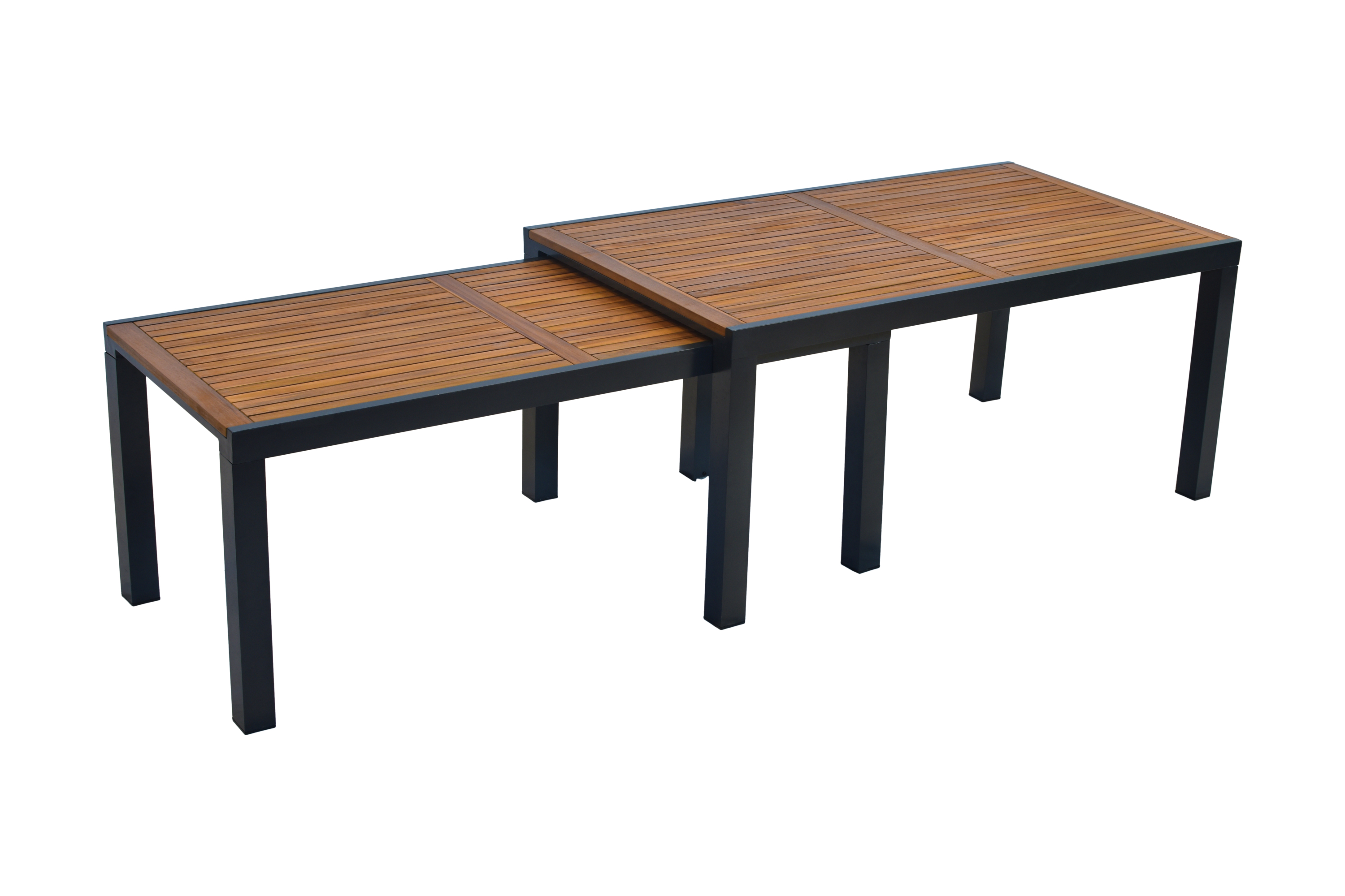 Merxx Astros Gartenmöbel Set für 6 Personen 13 teilig aus Aluminium und FSC Akazienholz mit Flex Ausziehtisch 180x180 cm 6 verstellbare Klappsessel mit Akazienholz Armlehnen und graue Kissen