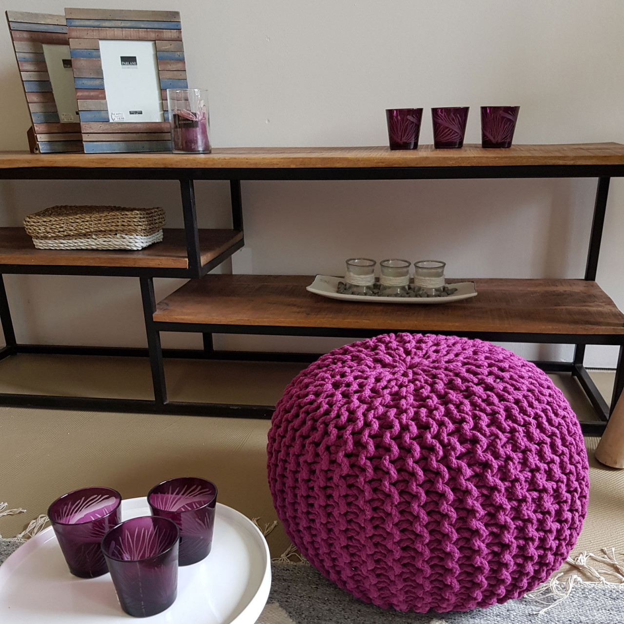 Strickhocker Pouf Ø 45 H 30 cm cm Sitzpouf Strick Bodenkissen