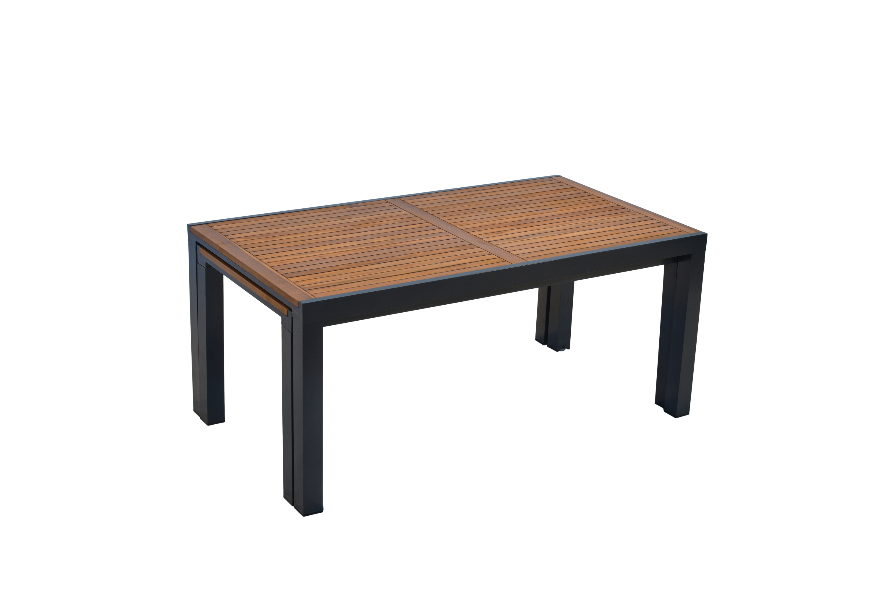 Merxx Astros Gartenmöbel Set für 6 Personen 13 teilig aus Aluminium und FSC Akazienholz mit Flex Ausziehtisch 180x180 cm 6 verstellbare Klappsessel mit Akazienholz Armlehnen und graue Kissen