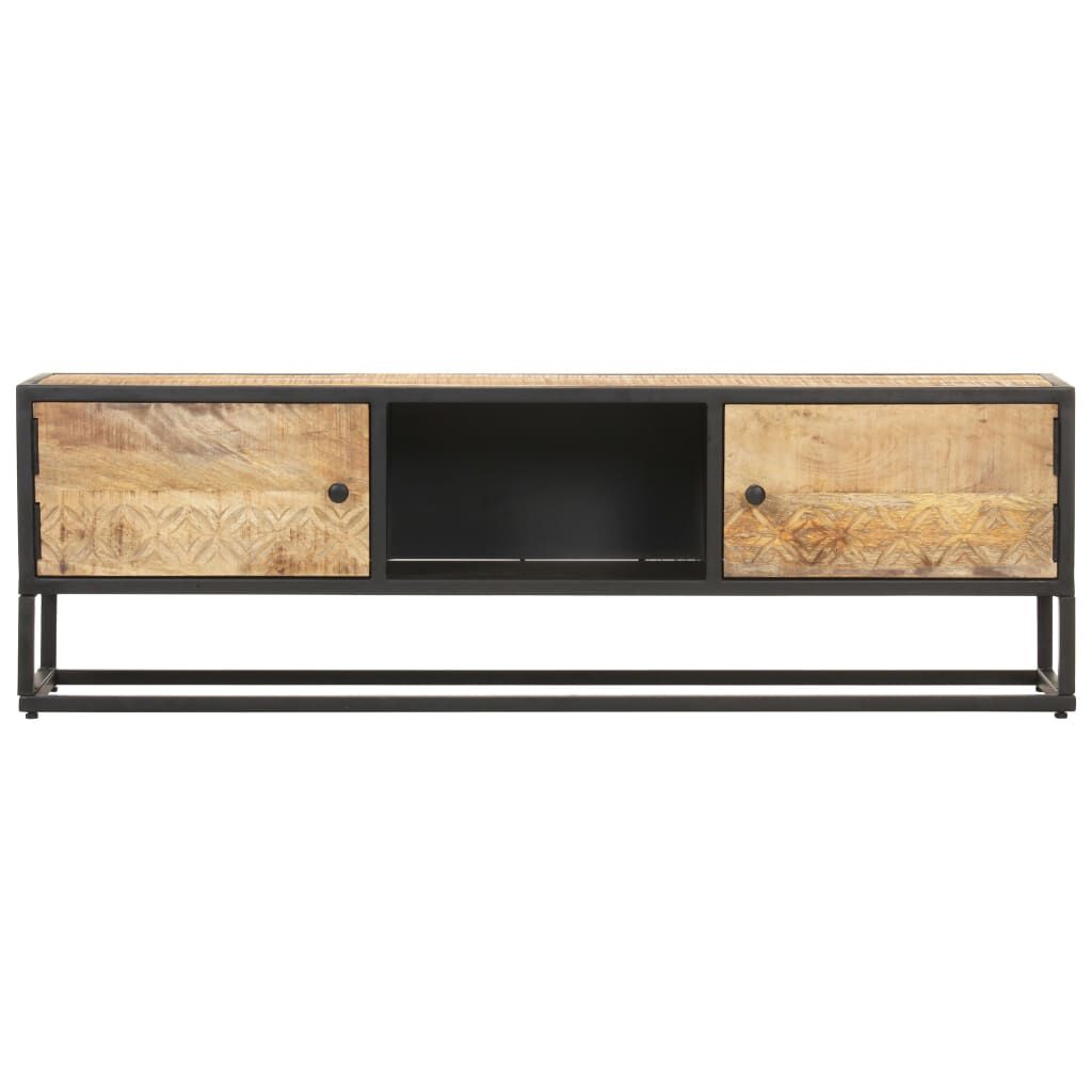 TV Schrank Mango Holz 130 x 30 x 40 cm mit geschnitzter Tür rustikaler Look