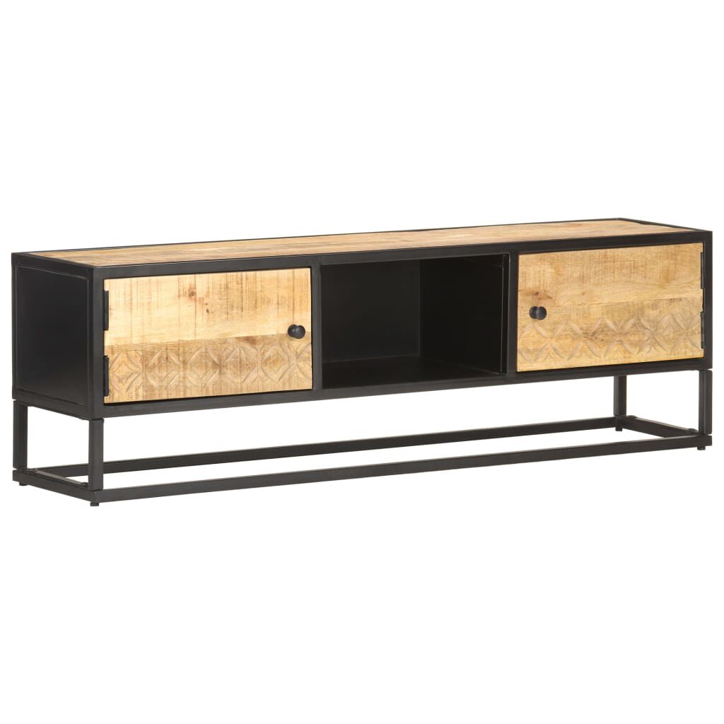 TV Schrank Mango Holz 130 x 30 x 40 cm mit geschnitzter Tür rustikaler Look