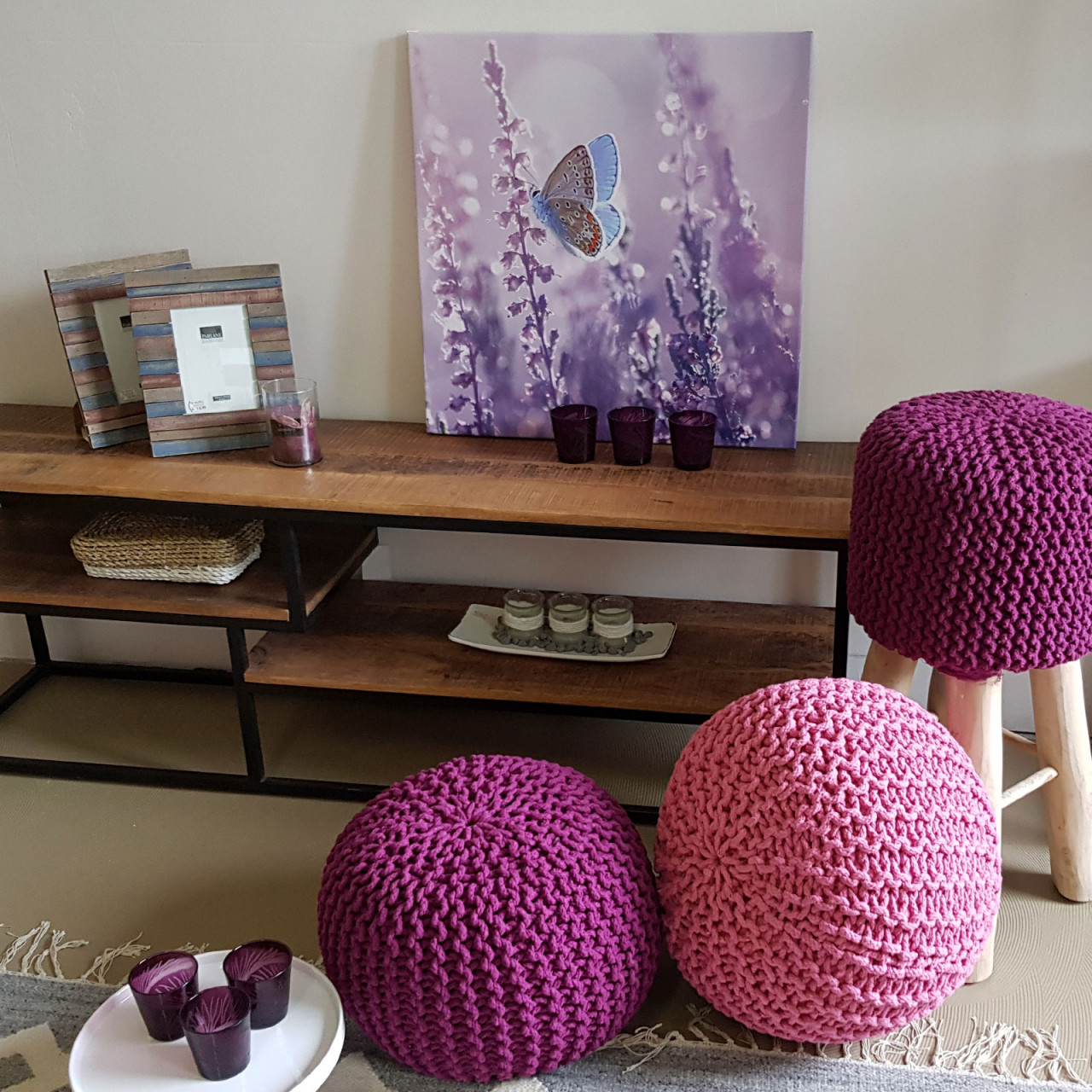 Strickhocker Pouf Ø 45 H 30 cm cm Sitzpouf Strick Bodenkissen