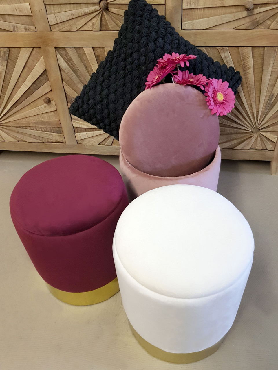 Samthocker Deko Hocker Samt Pouf Dekopouf Velour Hocker mit Stauraum u. Deckel Ø 31 H 38 cm