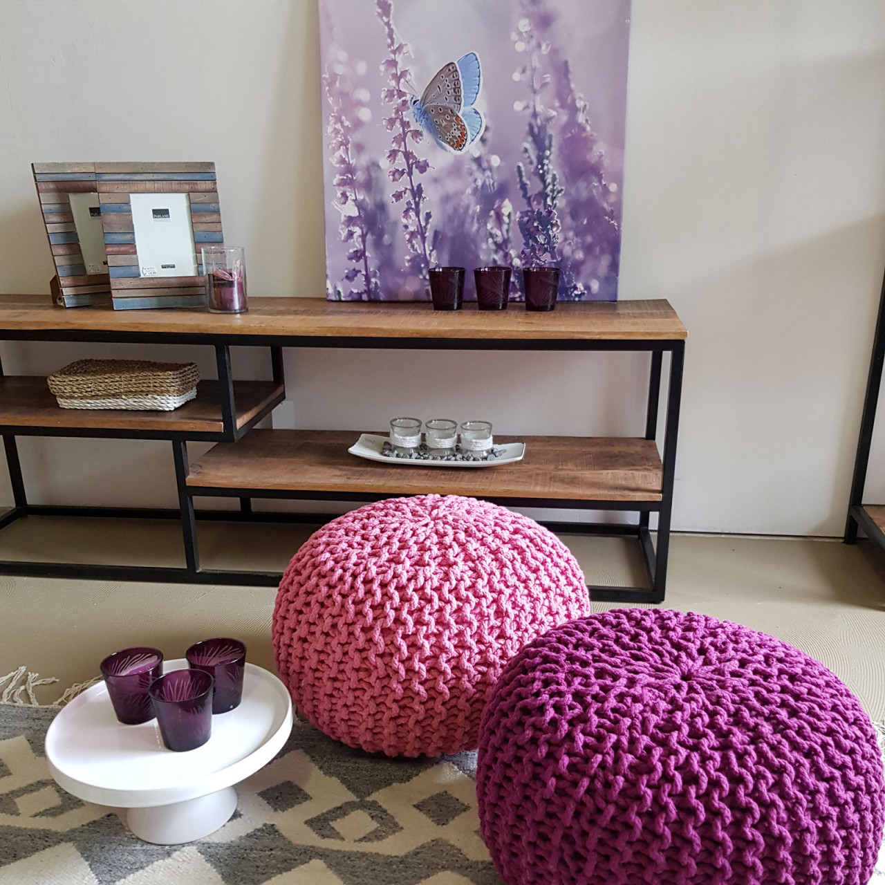 Strickhocker Pouf Ø 45 H 30 cm cm Sitzpouf Strick Bodenkissen