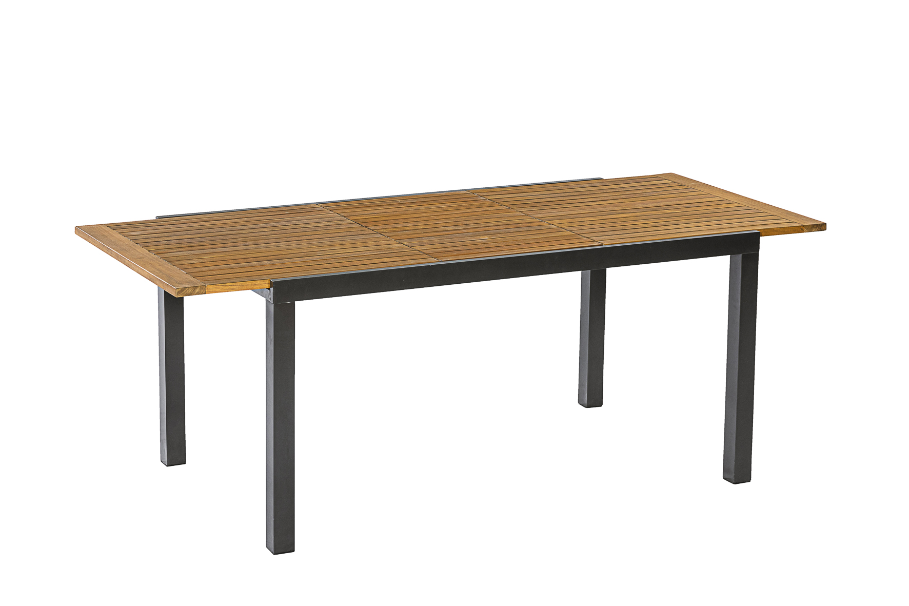 Merxx Tilos Gartenmöbel-Set für 4 Personen – 9-teilig aus Aluminium & FSC® Akazienholz mit Ausziehtisch 150–200 cm, 4 verstellbaren Klappsesseln & grauen Kissen