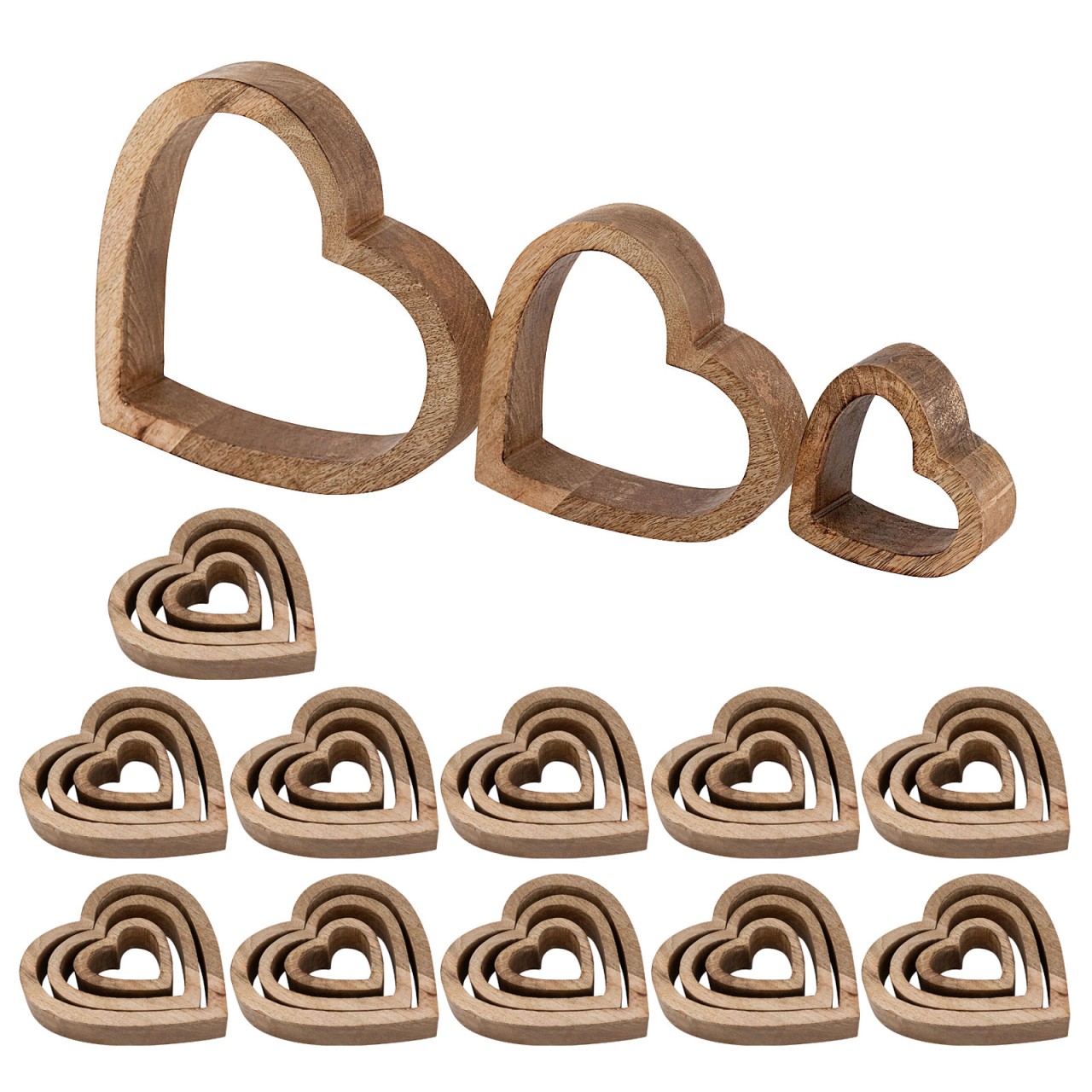Dekofigur Herzen 12x 3er Set Holzfigur 24/18/11cm Masterbox Hochzeitsdekoration Mangoholz Dekofigur Herzen 12x 3er Set Holzfigur 24/18/11cm Masterbox Hochzeitsdekoration Mangoholz