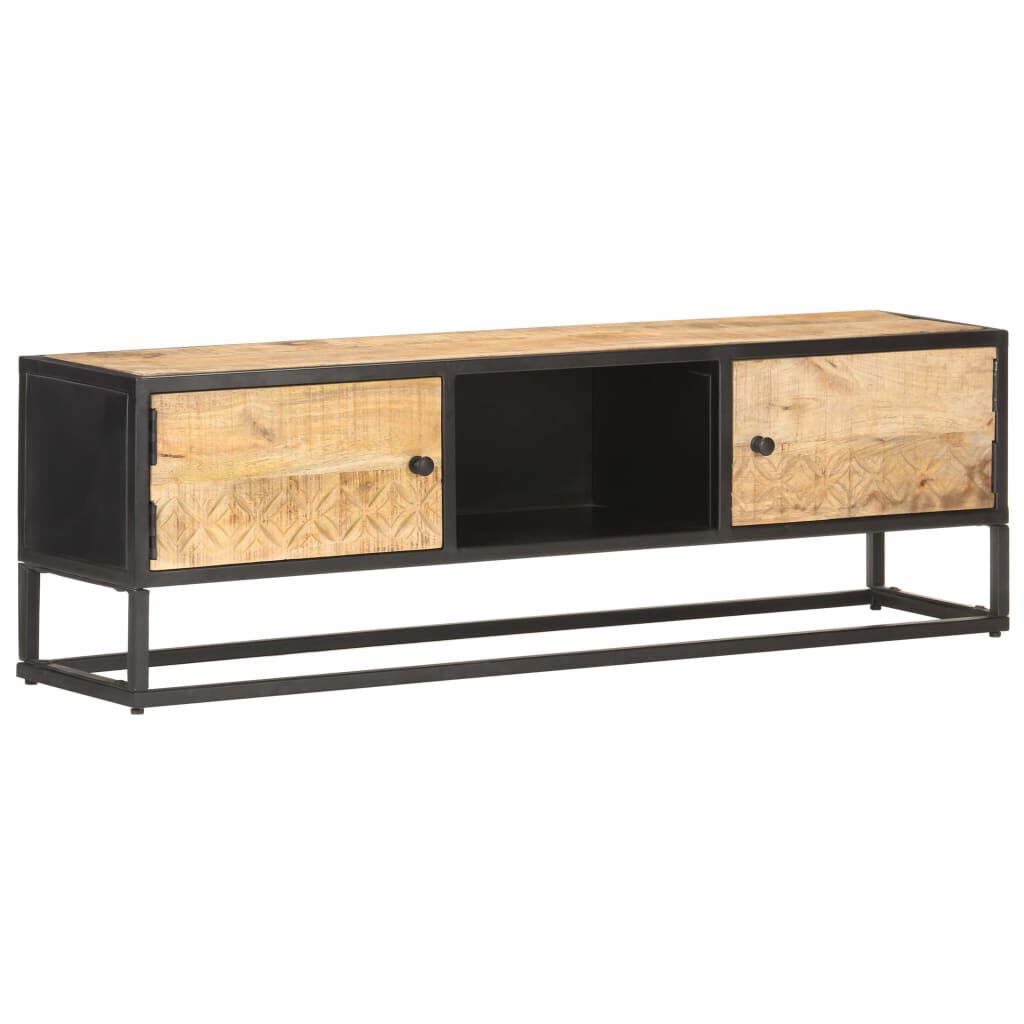 TV Schrank Mango Holz 130 x 30 x 40 cm mit geschnitzter Tür rustikaler Look