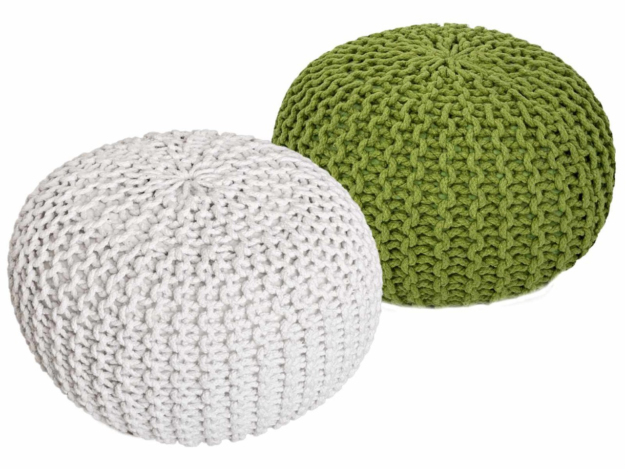 Sitzhocker Pouf SET 2 Stück Ø 55 cm H 37 cm Strickhocker Bodenkissen Grobstrick-Optik nachhaltig Sitzhocker Pouf SET 2 Stück Ø 55 cm H 37 cm Strickhocker Bodenkissen Grobstrick-Optik nachhaltig