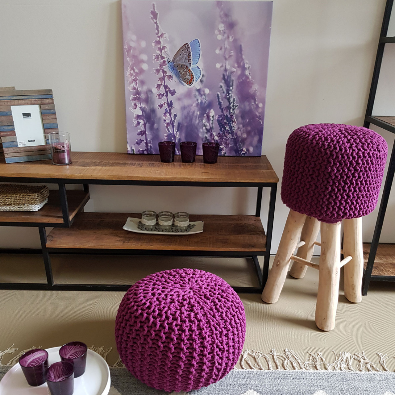 Strickhocker Pouf Ø 45 H 30 cm cm Sitzpouf Strick Bodenkissen