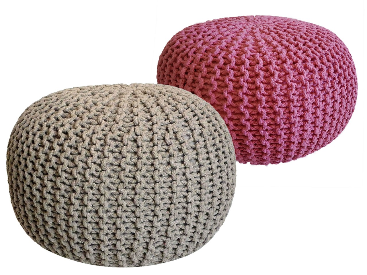 Sitzhocker Pouf SET 2 Stück Ø 55 cm H 37 cm Strickhocker Bodenkissen Grobstrick-Optik nachhaltig